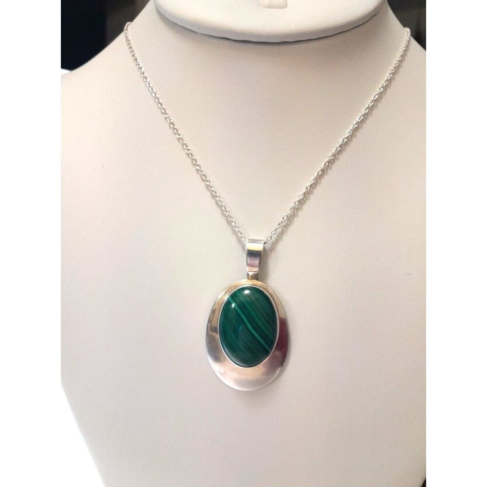 Large Sterling Silver 925 Oval Malachite Cabochon Pendant and Necklace  Handmade